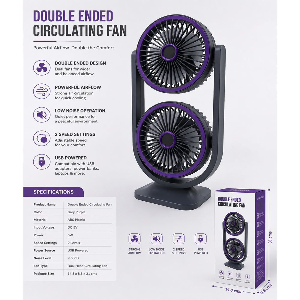 Dual Head Rotating Rechargeable Desk Fan